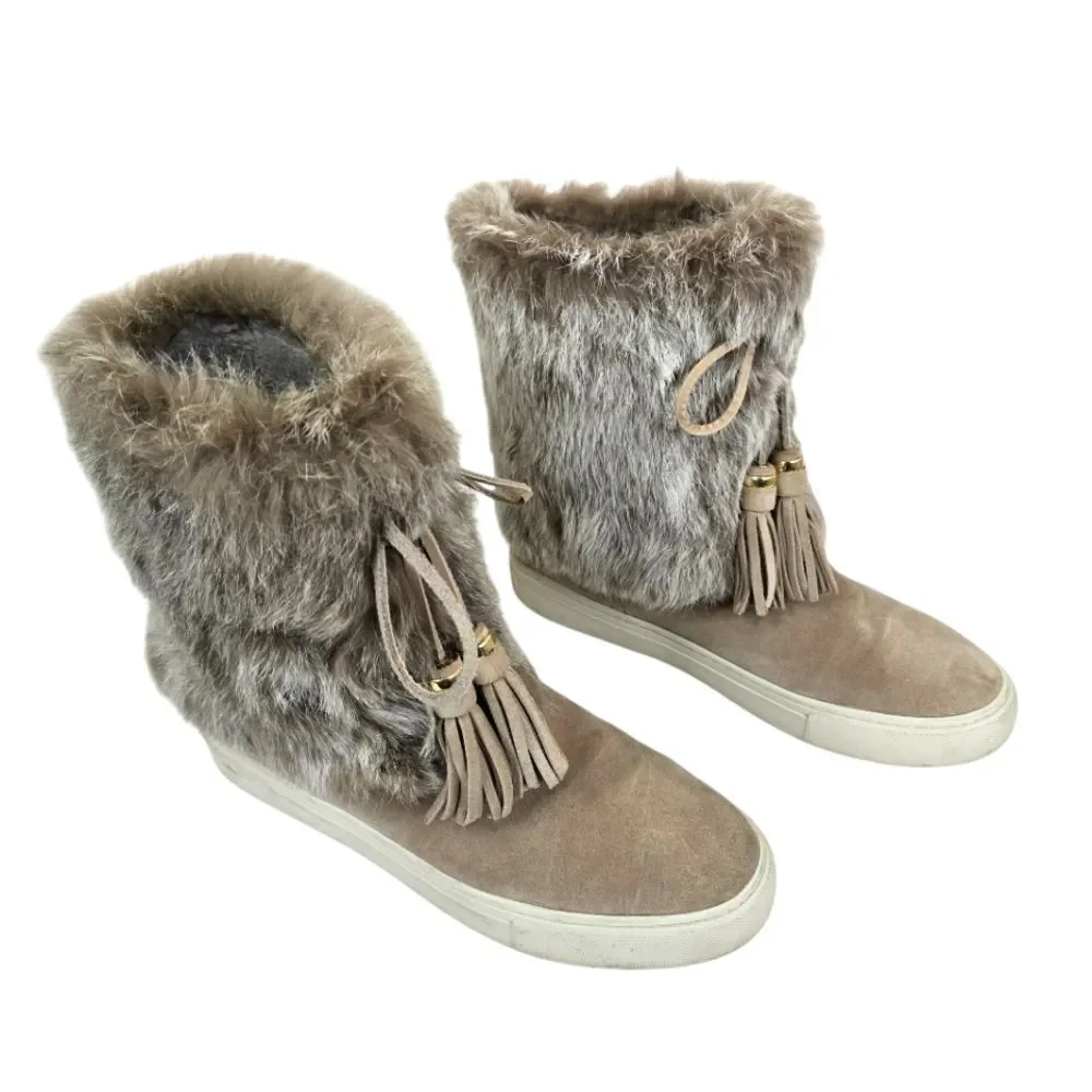 Tory Burch Angelica Tassel Suede Leather Rabbit Fur Slip On Boots US 9M